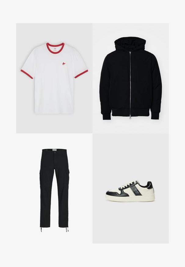 Black hooded jacket with front zipper, kangaroo pocket, ribbed cuffs, and hem, displayed on a plain white background.; White cotton t-shirt with red ribbed collar and cuffs, featuring a small red embroidered horse logo on the left chest.; Black cargo pants with a straight cut, featuring side pockets, a button closure, and elastic drawstrings at the ankles. Made from durable fabric.; Leather sneakers with a black and cream color scheme, featuring perforated accents, a padded collar, and a textured outsole.