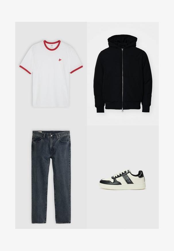 Black hooded jacket with front zipper, kangaroo pocket, ribbed cuffs, and hem, displayed on a plain white background.; White cotton t-shirt with red ribbed collar and cuffs, featuring a small red embroidered horse logo on the left chest.; Dark blue denim jeans with a straight leg design, five pockets, and a button-fly closure. The fabric shows a subtle fade and texture.; Leather sneakers with a black and cream color scheme, featuring perforated accents, a padded collar, and a textured outsole.