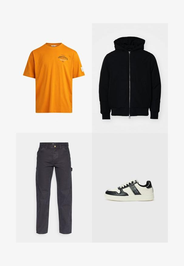 Mustat huppu-untuvatakki, jossa on vetoketju edessä, kenguru-tasku, ribatut hihansuut ja helma, esillä yksinkertaisella valkoisella taustalla.; Oranssi puuvillainen t-paita lyhyillä hihoilla, pyöreällä kauluksella ja painetulla tekstillä. Vasemmassa hihassa on etiketti ja suora helma.; Tummanharmaat cargo-housut, jotka on valmistettu kestävästä kankaasta. Niissä on suora lahkeellinen leikkaus, viisi taskua ja nappikiinnitys vyötäröllä.; Nahkakengät musta-kerma värimaailmassa, joissa on rei'itetyt yksityiskohdat, pehmustettu nilkkaosa ja teksturoitu pohja.