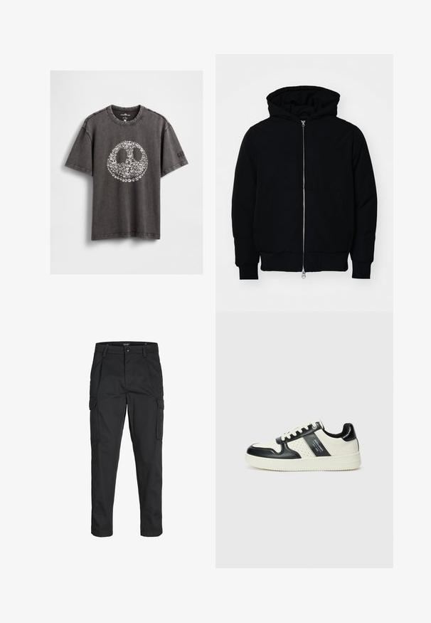 Mustaga kapuutsiga jakk, millel on esineed, kenguru tasku, soonikkoes, ja alläär, esitatud lihtsal valgel taustal.; Hall hallist puuvillast graafiline T-särk, millel on suur ümar naeratav nägu väikeste koljudega, lühikeste varrukatega ja ümara kaelusega.; Mustad mustapõlvik, mis on valmistatud tugeva koe kasutades, sisaldab mitmeid taskuid, nupule kinnitatav sulgemine ja kitsenev disain.; Nahatud nahkkingad musta ja kreemi värviskeemiga, millel on perforeeritud aktsendid, pehme krae ja tekstureeritud tallad.