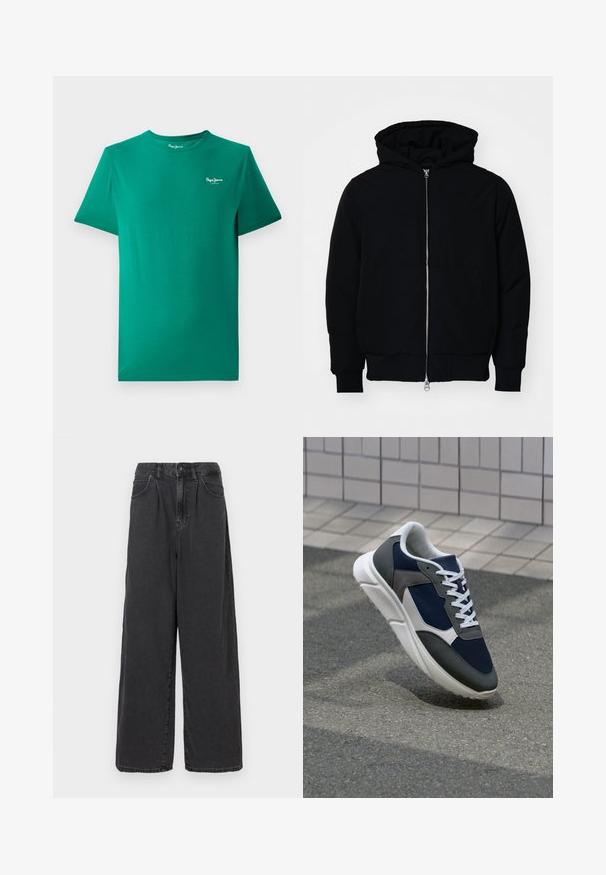 Zwarte hoodie met rits aan de voorkant, kangoeroe-pocket, geribbelde manchetten en zoom, weergegeven op een effen witte achtergrond.; Groene katoen t-shirt met korte mouwen, ronde halslijn en een klein wit logo op de linkerborst. Gladde textuur, casual ontwerp.; Brede pijpen, hooggewaste zwarte denim broek met een sluiting met een knoop en rits aan de voorkant, voorzien van zijzakken en een soepele textuur.; Sneaker met een marineblauwe mesh bovenwerk, grijze suède accenten, witte rubberen zool en platte witte veters, ontworpen voor comfort en ademend vermogen.
