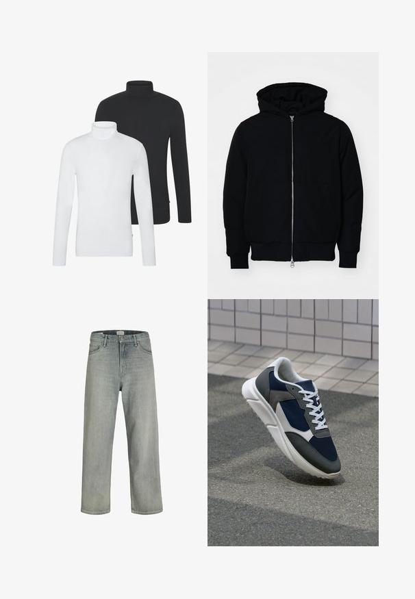 Čierna kapucňová bunda s predným zipsom, klokaními vreckami, rebrovanými manžetami a lemom, zobrazená na bielom pozadí.; Dvoje svetrov s vysokým golierom a dlhým rukávom: jeden biely, druhý čierny. Obe sú vyrobené z mäkkej zmesi bavlny a majú priliehavý strih.; Svetlošedé džíny vo voľnom strihu vyrobené z denimu. Obsahujú klasický dizajn s piatimi vreckami, pútka na opasok a strih rovného nohavice.; Tenisky s sieťovinou v námorníckej modrej farbe, so sivými semišovými detailmi, bielou gumovou podrážkou a plochými bielymi šnúrkami, navrhnuté pre pohodlie a priedušnosť.