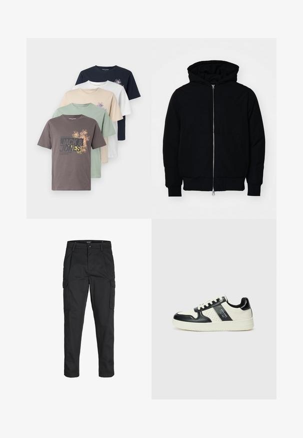 Black hooded jacket with front zipper, kangaroo pocket, ribbed cuffs, and hem, displayed on a plain white background.; Five short-sleeve T-shirts in brown, green, beige, white, and navy, featuring a logo and graphic design on the front. Soft cotton fabric.; Black cargo pants made of sturdy fabric, featuring multiple pockets, a button closure, and a slim fit design with tapered legs.; Leather sneakers with a black and cream color scheme, featuring perforated accents, a padded collar, and a textured outsole.