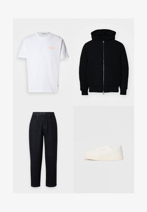 Čierna kapucňová bunda s predným zipsom, klokaními vreckami, rebrovanými manžetami a lemom, zobrazená na bielom pozadí.; Biela bavlnená tričko s krátkymi rukávmi, s potlačou "ANTICO BAR" v svetlo oranžovej na ľavej strane hrudníka a okrúhlym výstrihom.; Tmavomodré džínsy so voľným strihom, s gombíkom a zipsom, dvoma prednými vreckami a s akcentmi vo švíkoch.; Biele slip-on tenisky s textúrovaným povrchom, hrubou podrážkou a minimalistickým dizajnom. Obsahuje logo značky na boku.