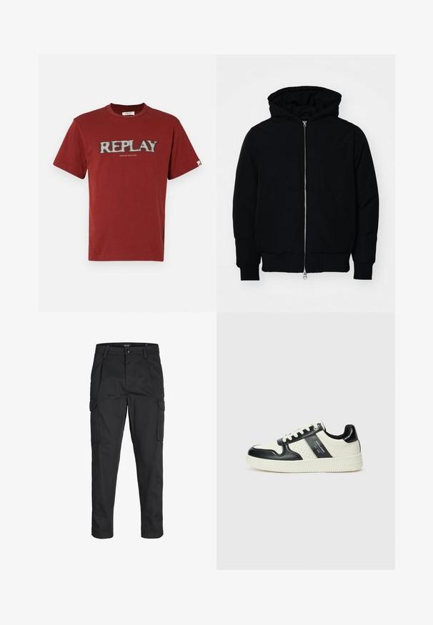 Mustaga kapuutsiga jakk, millel on esineed, kenguru tasku, soonikkoes, ja alläär, esitatud lihtsal valgel taustal.; Punane puuvillane T-särk lühikeste varrukatega, millel on valge teksti logo "REPLAY" kulunud stiilis ja all "NINETEEN EIGHTYONE".; Mustad mustapõlvik, mis on valmistatud tugeva koe kasutades, sisaldab mitmeid taskuid, nupule kinnitatav sulgemine ja kitsenev disain.; Nahatud nahkkingad musta ja kreemi värviskeemiga, millel on perforeeritud aktsendid, pehme krae ja tekstureeritud tallad.