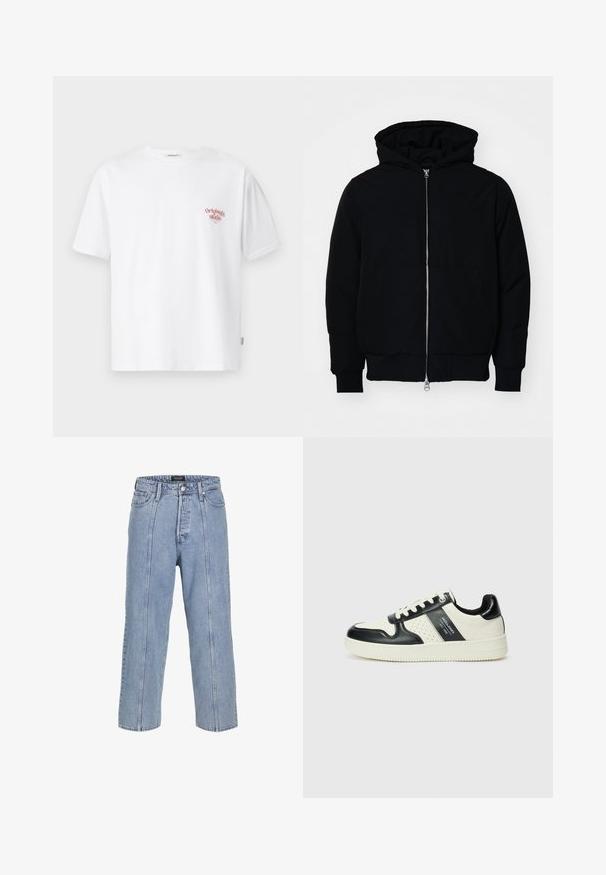 Schwarze Kapuzenjacke mit Frontreißverschluss, Kängurutasche, gerippten Bündchen und Saum, auf einem schlichten weißen Hintergrund präsentiert.; Weißes Baumwoll-T-Shirt mit kurzen Ärmeln und Rundhalsausschnitt, das im linken Brustbereich einen kleinen roten grafischen Text zeigt.; Hellblaue Denim-Jeans mit lockerer Passform, weitem Bein und sichtbaren Stickdetails. Mit Knopf- und Reißverschluss, fünf Taschen.; Leder-Sneaker in Schwarz- und Cremetönen, mit perforierten Akzenten, einem gepolsterten Kragen und einer strukturierten Laufsohle.