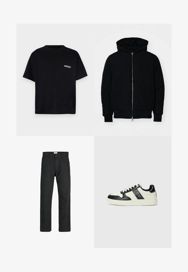 Zwarte hoodie met rits aan de voorkant, kangoeroe-pocket, geribbelde manchetten en zoom, weergegeven op een effen witte achtergrond.; Zwarte katoenen T-shirt met een ronde hals, korte mouwen en een witte logodetail op de linkerborst. Eenvoudig, onopgesmukt ontwerp.; Zwarte broeken gemaakt van duurzame stof, met een recht gesneden ontwerp, gestikte accenten en twee voorzakken voor functionaliteit.; Leren sneakers met een zwart en crèmekleurig kleurenschema, voorzien van geperforeerde accenten, een gevoerde kraag en een gestructureerde buitenzool.