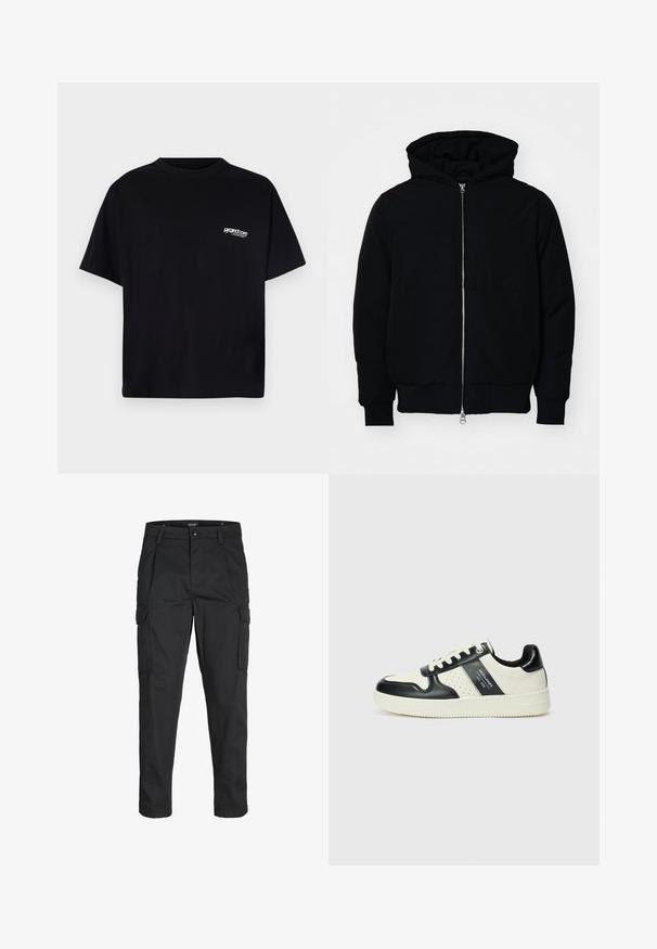 Schwarze Kapuzenjacke mit Frontreißverschluss, Kängurutasche, gerippten Bündchen und Saum, auf einem schlichten weißen Hintergrund präsentiert.; Schwarzes Baumwoll-T-Shirt mit Rundhalsausschnitt, kurzen Ärmeln und einem weißen Logo-Detail auf der linken Brustseite. Einfaches, unverziertes Design.; Schwarze Cargo-Hose aus robustem Material, mit mehreren Taschen, einem Knopfverschluss und einem Slim-Fit-Design mit schmal zulaufenden Beinen.; Leder-Sneaker in Schwarz- und Cremetönen, mit perforierten Akzenten, einem gepolsterten Kragen und einer strukturierten Laufsohle.