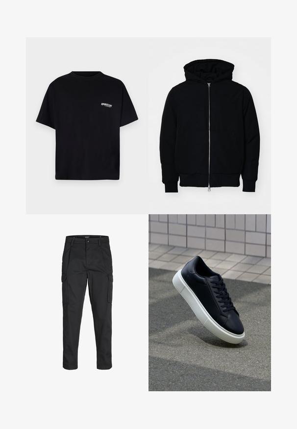Fekete kapucnis dzseki elülső cipzárral, kenguruzsebbel, bordázott mandzsettákkal és aba, egy sima fehér háttér előtt.; Fekete pamut póló kerek nyakkal, rövid ujjakkal és fehér logóval a bal mellrészen. Egyszerű, díszítések nélküli kivitel.; Fekete cargo nadrág, amely tartós anyagból készült, több zsebet tartalmaz, gombos záródással rendelkezik, és karcsú szabású, szűkített lábakkal bír.; Fekete bőr sportcipő lekerekített orral és fehér gumitalppal. Lapos fűzőkkel és minimális varrásokkal rendelkezik a felsőrészén. Mintás talp a tapadásért.