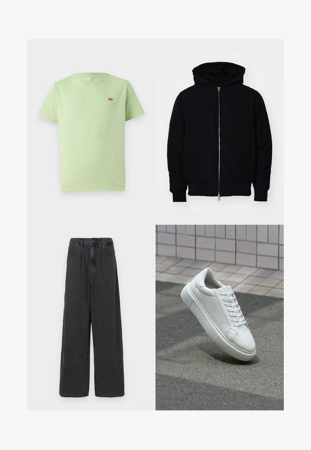 Svart hettejakke med frontglidelås, kengurulomme, ribbestrikket mansjetter og søm, vist på en ensfarget hvit bakgrunn.; Lysegrønn bomulls t-skjorte med rund hals, korte ermer, og en liten rød Levi's-logo sydd på øvre venstre bryst. Myk tekstur.; Bredde ben, høy midje svarte dongeri bukser med knapp og glidelås foran, med sidelommer og en glatt tekstur.; Hvit lær sneaker med glatt overflate, rund tå og flate hvite snøringer. Har en teksturert gummisåle og minimale design elementer.