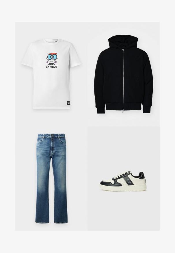 Črna kapuca jakna s sprednjim zadrgo, kenguru žepom, rebrastimi manšetami in hemom, razstavljena na enostavni beli ozadju.; Bela majica s kratkimi rokavi z risanim likom, ki nosi modre očala in ima rdeče lase, nad besedo "GENIUS" na prsih, z oznako Cartoon Network na robu.; Modri traper hlače s širokimi nogami, ki imajo zbledel videz, pet žepov in zapiranje na gumb.; Usnjeni športni čevlji z črno in krem barvno shemo, ki vključujejo perforirane dodatke, podložen ovratnik in strukturirano podplat.
