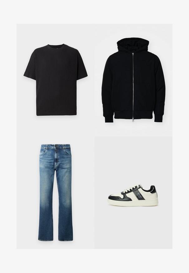 Mustat huppu-untuvatakki, jossa on vetoketju edessä, kenguru-tasku, ribatut hihansuut ja helma, esillä yksinkertaisella valkoisella taustalla.; Mustat ribbikangas lyhythihainen t-paita, jossa on pyöreä kaula-aukko, teksturoitu pinta ja rento istuvuus.; Siniset farkut, joissa on leveä lahje, haalistunut pesu, viisi taskua ja nappisulku.; Nahkakengät musta-kerma värimaailmassa, joissa on rei'itetyt yksityiskohdat, pehmustettu nilkkaosa ja teksturoitu pohja.