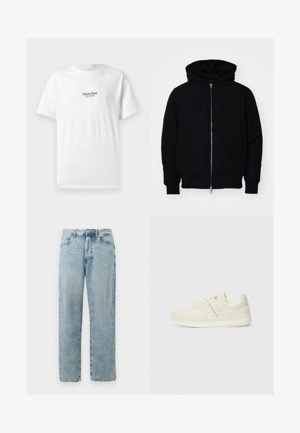 Mustat huppu-untuvatakki, jossa on vetoketju edessä, kenguru-tasku, ribatut hihansuut ja helma, esillä yksinkertaisella valkoisella taustalla.; Valkoinen puuvillapaita lyhyillä hihoilla, jossa edessä mustalla skriptilla tekstit "Palmiera Pantó" ja "VENICE BEACH".; Vaaleansiniset suorat farkut nappi- ja vetoketjukiinnityksellä, etutaskuilla ja hillityllä kulutuksella.; Valkokoska sneaker, jossa on rei'itettyjä yksityiskohtia, nauhat ja logo sivussa, esillä tasaisella valkoisella taustalla.