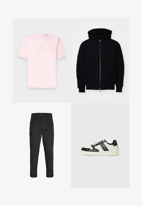 Sort hættejakke med frontlynlås, kængurulomme, ribbede manchetter og kant, præsenteret på en ensfarvet hvid baggrund.; Jack & Jones JORVESTERBRO CREW NECK - T-shirts print - fairy tale; Sorte cargo-bukser lavet af slidstærkt stof, der har flere lommer, en knaplukning og et slim fit design med smalle ben.; Lædersneakers i sort og creme farveskema, med perforerede detaljer, en polstret krave og en struktureret ydersål.