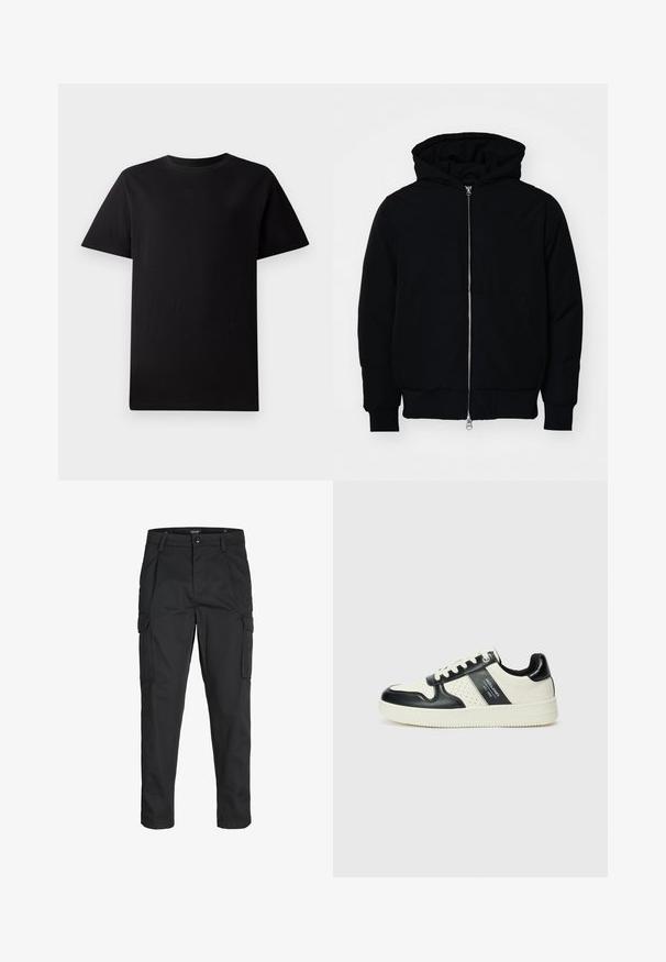 Chaqueta negra con capucha, cierre frontal, bolsillo tipo canguro, y puños y dobladillo acanalados, exhibida sobre un fondo blanco liso.; Camiseta de algodón negra de manga corta y cuello redondo, colocada plana sobre un fondo blanco.; Pantalones cargo negros hechos de tela resistente, que cuentan con múltiples bolsillos, un cierre de botón y un diseño de corte slim con piernas ajustadas.; Zapatillas de cuero con un esquema de colores negro y crema, que cuentan con acentos perforados, un collar acolchado y una suela texturizada.