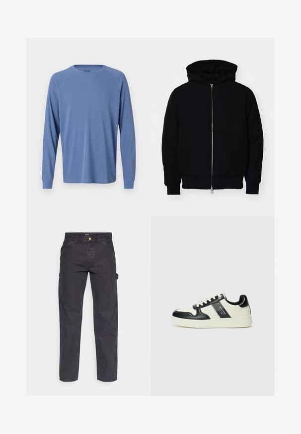 Fekete kapucnis dzseki elülső cipzárral, kenguruzsebbel, bordázott mandzsettákkal és aba, egy sima fehér háttér előtt.; Hosszú ujjú, kerek nyakú ing világoskék színben, texturált bordázott kialakítással és rávarrt ujjakkal, szűkítő mandzsettával.; Sötétszürke cargo nadrág tartós anyagból, egyenes szárú fazonnal, öt zsebbel és gombos derékzárral.; Fekete és krém színű bőrsneaker, perforált díszítésekkel, párnázott bokapánttal és texturált talppal.