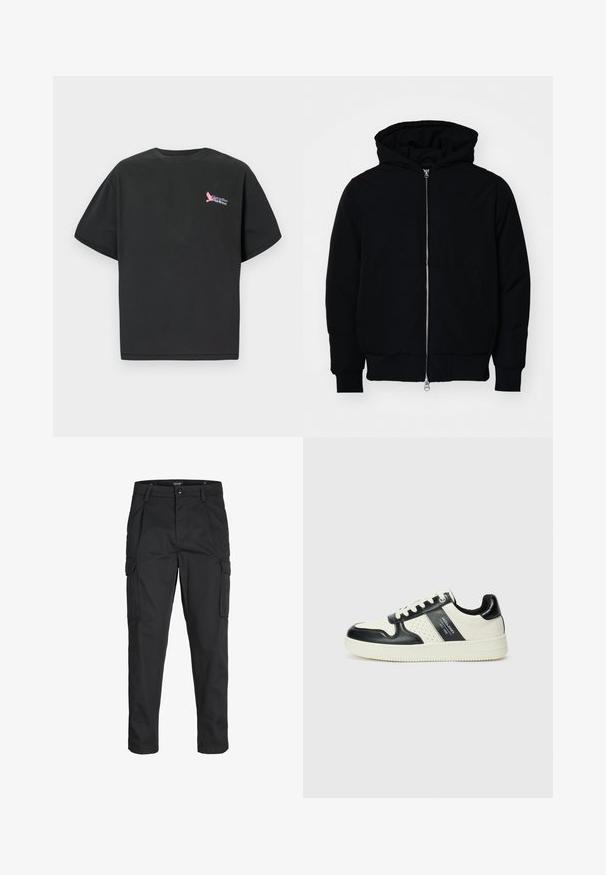 Zwarte hoodie met rits aan de voorkant, kangoeroe-pocket, geribbelde manchetten en zoom, weergegeven op een effen witte achtergrond.; Zwarte katoenen t-shirt met korte mouwen, voorzien van een kleurrijk "Paradiso Airlines" logo op de linkerborst. Standaard crew neck ontwerp.; Zwarte cargobroek van stevig stof, met meerdere zakken, een knoopsluiting en een slim fit ontwerp met taps toelopende benen.; Leren sneakers met een zwart en crèmekleurig kleurenschema, voorzien van geperforeerde accenten, een gevoerde kraag en een gestructureerde buitenzool.