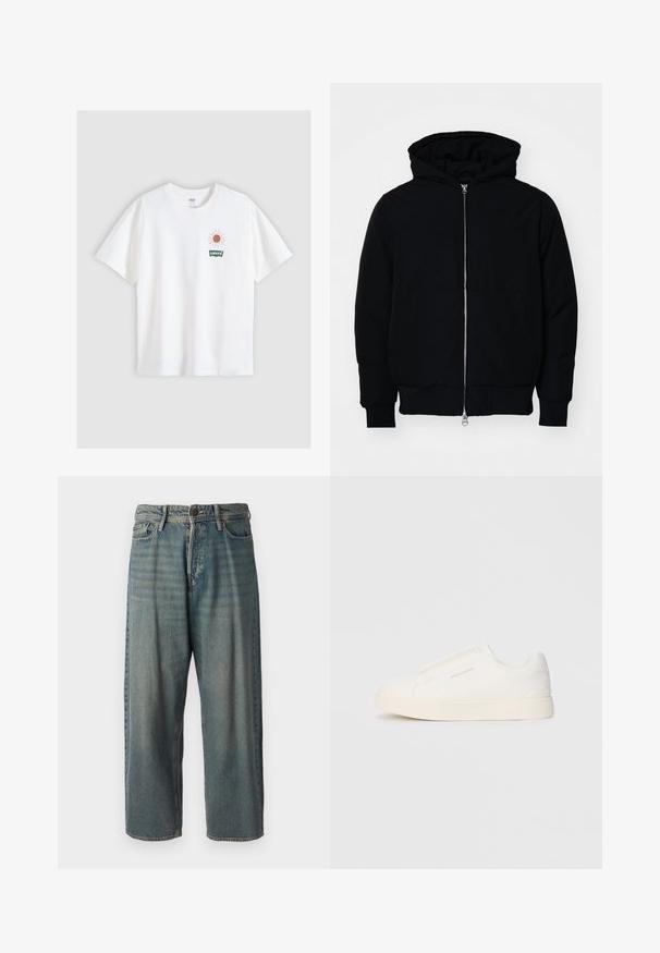 Black hooded jacket with front zipper, kangaroo pocket, ribbed cuffs, and hem, displayed on a plain white background.; White cotton t-shirt with short sleeves. Features a graphic of a sun and the "Levi's" logo in green, located on the left chest area.; Light blue denim jeans with a loose fit, mid-rise waist, and straight legs. Features five pockets, belt loops, and a button closure.; White slip-on sneakers with a textured surface, a thick sole, and minimalistic design. Features brand logo on the side.
