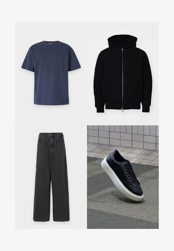 Crna kapuška jakna s prednjim zatvaračem, kenguru džepom, rebrastim manžetama i rubom, prikazana na običnoj bijeloj pozadini.; Tamno plavi pamučni majica s okruglim izrezom i kratkim rukavima. Glatka tekstura, ravni kroj i minimalni šavovi, što pruža klasičan dizajn.; Crne traperice širokih nogavica visoko strukirane s prednjim gumbom i zatvaračem, koje imaju bočne džepove i glatku teksturu.; Crne kožne tenisice s zaobljenim vrhom i bijelim gumiranim potplatom. Imaju ravne vezice i minimalno šivanje na gornjem dijelu. Teksturirani potplat za bolje prianjanje.