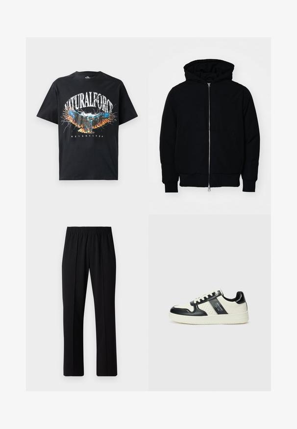 Svart hettejakke med frontglidelås, kengurulomme, ribbestrikket mansjetter og søm, vist på en ensfarget hvit bakgrunn.; Svart bomulls t-skjorte med grafisk trykk av en ørner med flerfargede detaljer og teksten "NATURALFORCE" og "NEVERSLEEP." Korte ermer.; Svart, elastisk midjebukser med rett ben-design, med en glatt tekstur og uten synlige mønstre eller maskinvare.; Lædersneakers med sort og creme farveskema, der har perforerede detaljer, en polstret krave og en struktureret ydersål.