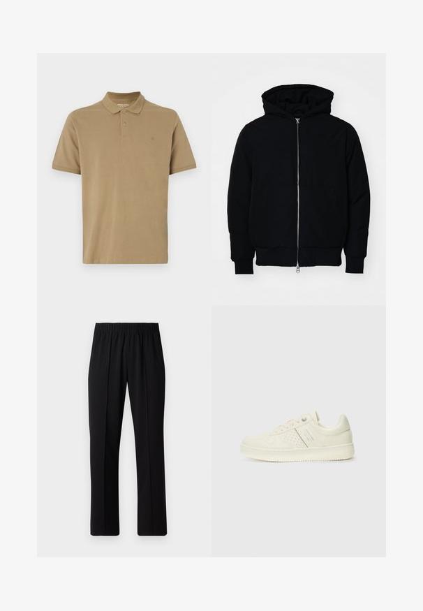 Black hooded jacket with front zipper, kangaroo pocket, ribbed cuffs, and hem, displayed on a plain white background.; Khaki polo shirt made of cotton, featuring a collar, two-button placket, short sleeves, and a small logo on the chest. Smooth texture.; Black, elastic-waist trousers with a straight-leg design, featuring a smooth texture and no visible patterns or hardware.; Cream-colored sneaker with perforated detailing, laces, and logo on the side, displayed against a plain white background.