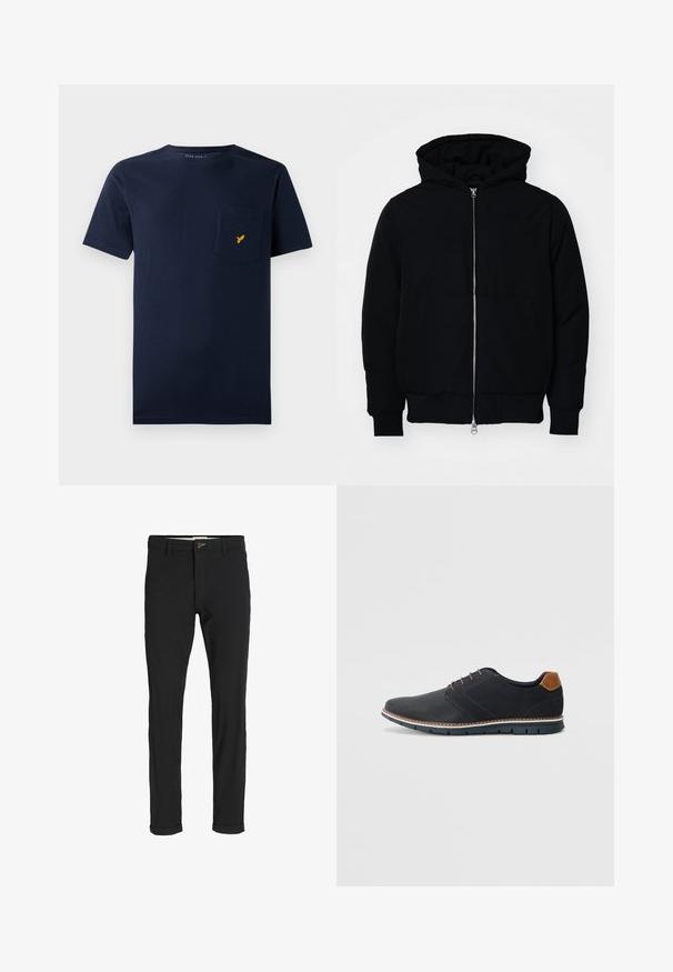 Crna kapuška jakna s prednjim zatvaračem, kenguru džepom, rebrastim manžetama i rubom, prikazana na običnoj bijeloj pozadini.; Tamnoplava pamučna majica s kratkim rukavima, okruglim izrezom i džepom na prsima s malim žutim logotipom ptice.; Crne hlače od pamuka sa slim fit krojem, s kopčanjem na dugme, džepovima i zavrnutim rukavima za ležeran izgled.; Crne sintetičke cipele s teksturiranim gornjim dijelom, glatkim akcentima, smešnim petom i kontrastnom potplatom. Imaju minimalne vezice i detalje šivanja.