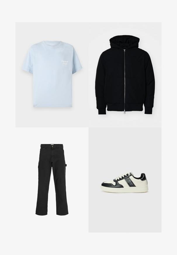 Black hooded jacket with front zipper, kangaroo pocket, ribbed cuffs, and hem, displayed on a plain white background.; Light blue t-shirt made of cotton, featuring a crew neckline, short sleeves, and a small white logo on the chest, with a smooth texture.; Black cargo pants in cotton blend fabric. Features wide legs, front slant pockets, and a side pocket with a loop for accessories.; Leather sneakers with a black and cream color scheme, featuring perforated accents, a padded collar, and a textured outsole.