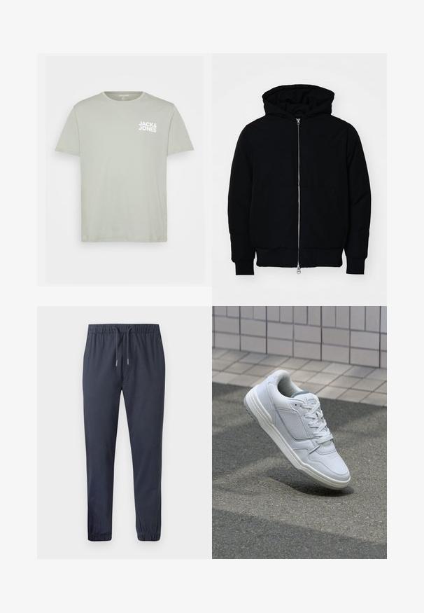Juodas gobtuvėlis su priekiniu užtrauktuku, kengūros tipo kišene, lygiais rankogaliais ir apvadu, pateiktas ant vientiso balto fono.; Trumpalaikė, šviesiai žalia medvilninė marškinėliai su apvalia iškirpte ir balta „JACK & JONES“ logotipu, spausdintu kairėje krūtinės dalyje.; Tamsiai mėlynos tapered tipo džinsinio audinio kelnės su elastingu juosmeniu, raišteliu ir elastinėmis rankovėmis, pasižyminčios lygiu, lengvu audiniu.; Baltos odinės sportinės bateliai su perforuotais šonais, tekstūruotais akcentais, plokščiomis raištelėmis ir kontrastingu pilku kulnu. Yra šiek tiek pakelti padas.