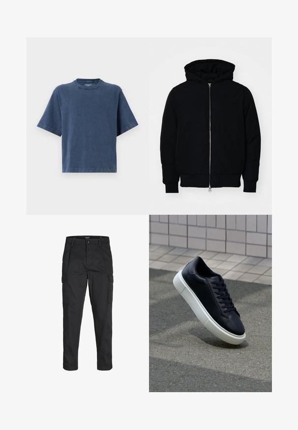 Black hooded jacket with front zipper, kangaroo pocket, ribbed cuffs, and hem, displayed on a plain white background.; Cotton T-shirt in dark blue, featuring a crew neckline, short sleeves, and a relaxed fit. Smooth texture with clean stitching details.; Black cargo pants made of sturdy fabric, featuring multiple pockets, a button closure, and a slim fit design with tapered legs.; Black leather sneaker with rounded toe and white rubber sole. Features flat laces and minimal stitching on the upper. Textured sole for grip.