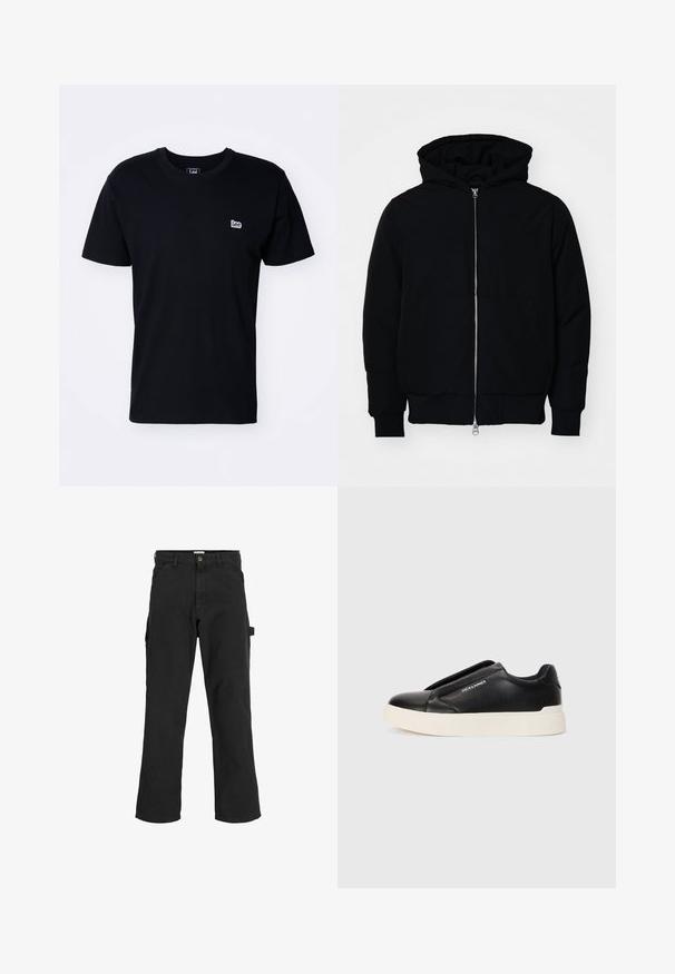 Giacca nera con cappuccio, dotata di zip frontale, tasca a marsupio, polsini e orlo a coste, esposta su uno sfondo bianco semplice.; T-shirt nera in cotone con colletto rotondo e maniche corte. Presenta un piccolo logo ricamato bianco "Lee" sul lato sinistro del petto.; Pantaloni cargo neri in tessuto misto cotone. Presentano gambe ampie, tasche anteriori oblique e una tasca laterale con un anello per accessori.; Sneaker nera slip-on con parte superiore in pelle texturizzata, suola in gomma bianca e senza lacci visibili. Presenta il logo del marchio sul lato.