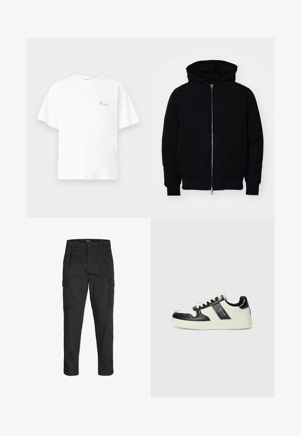 Black hooded jacket with front zipper, kangaroo pocket, ribbed cuffs, and hem, displayed on a plain white background.; White cotton T-shirt with a relaxed fit, round neck, short sleeves, and a small "La Bellavista" logo embroidered on the chest.; Black cargo pants made of sturdy fabric, featuring multiple pockets, a button closure, and a slim fit design with tapered legs.; Leather sneakers with a black and cream color scheme, featuring perforated accents, a padded collar, and a textured outsole.