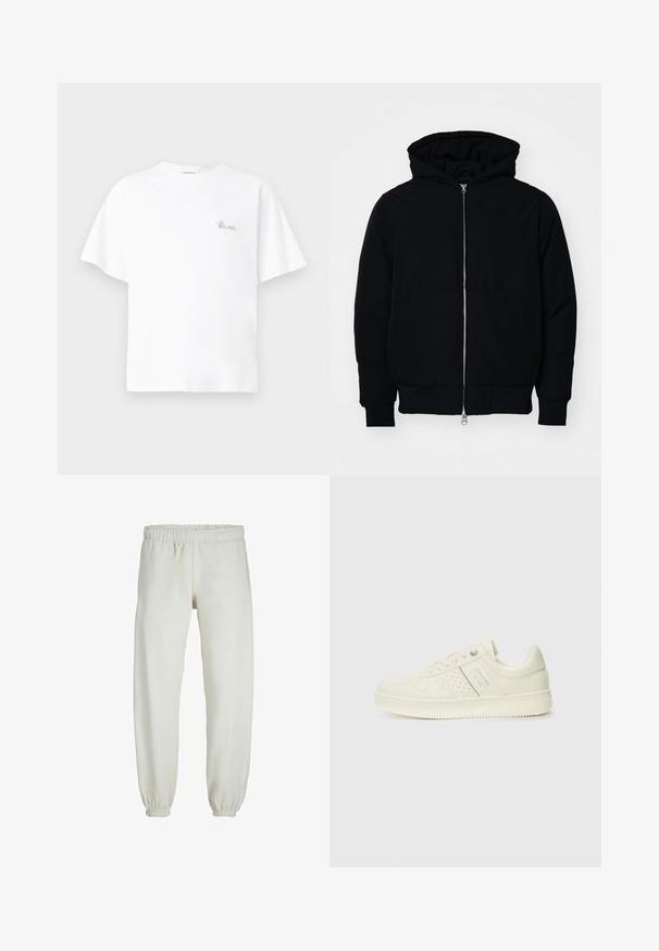 Chaqueta negra con capucha, cierre frontal, bolsillo tipo canguro, y puños y dobladillo acanalados, exhibida sobre un fondo blanco liso.; Camiseta blanca de algodón con un corte relajado, cuello redondo, mangas cortas y un pequeño logo bordado de "La Bellavista" en el pecho.; Pantalones de chándal blancos hechos de una tela suave, con cinturilla y puños elásticos, que presentan una textura suave y un diseño holgado.; Zapatilla color crema con detalles perforados, cordones y logotipo en el lateral, exhibida sobre un fondo blanco liso.