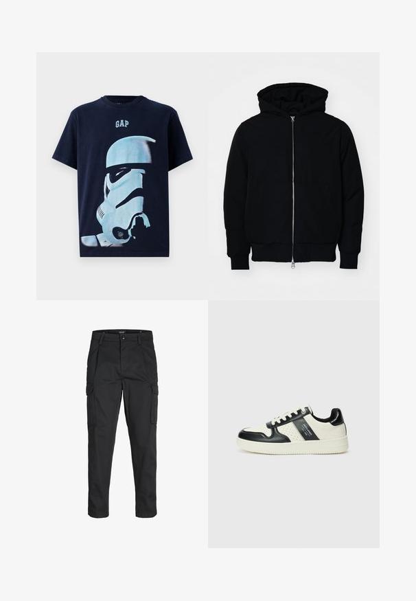 Black hooded jacket with front zipper, kangaroo pocket, ribbed cuffs, and hem, displayed on a plain white background.; GAP TEE - Print T-shirt - navy; Black cargo pants made of sturdy fabric, featuring multiple pockets, a button closure, and a slim fit design with tapered legs.; Leather sneakers with a black and cream color scheme, featuring perforated accents, a padded collar, and a textured outsole.