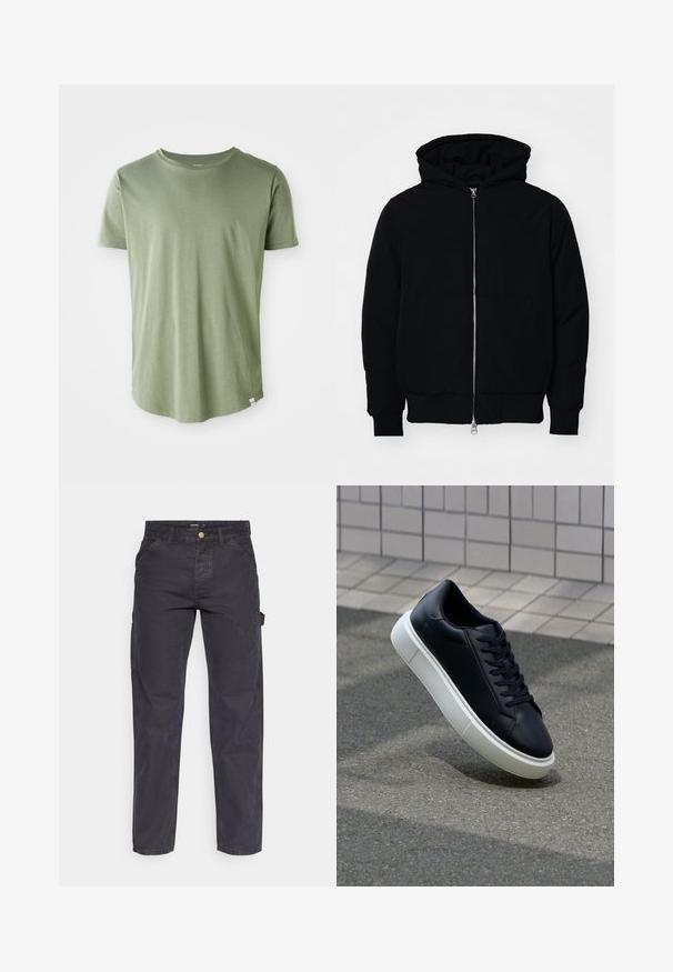 Juodas gobtuvėlis su priekiniu užtrauktuku, kengūros tipo kišene, lygiais rankogaliais ir apvadu, pateiktas ant vientiso balto fono.; Šviesiai žalias trumpų rankovių marškinėliai, pagaminti iš minkštos medžiagos, su apvalia iškirpte, tiesiu kraštu ir mažą etikete apačioje kairėje pusėje.; Tamsiai pilkos krovininės kelnės, pagamintos iš patvarios medžiagos, su tiesaus kirpimo, penkiomis kišenėmis ir mygtukiniu užtrauktuku liemens srityje.; Juodas odinis sportbačius su apvaliu pirštu ir baltu gumuotu padu. Turi plokščias raišteles ir minimalų siuvimą viršuje. Padangos tekstūra užtikrina sukibimą.