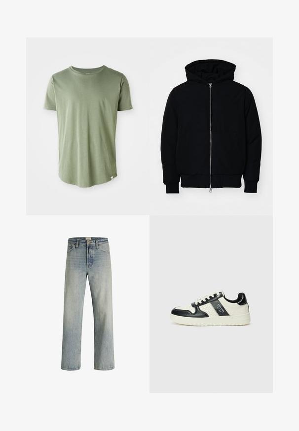 Čierna kapucňová bunda s predným zipsom, klokaními vreckami, rebrovanými manžetami a lemom, zobrazená na bielom pozadí.; Tričko s krátkym rukávom v svetlozelenej farbe, mäkká tkanina, okrúhly výstrih, rovný lem, s malou štítkovou detailou v dolnom ľavom rohu.; Svetlomodré džínsové nohavice so strihom rovného nohu, vysokým pásom a jemným blednutím. Obsahujú päť vreciek a tradičný gombíkový zips.; Kožené tenisky v čierno-krémovej farbe, s perforovanými akcentmi, polstrovaným golierom a štruktúrovanou podrážkou.