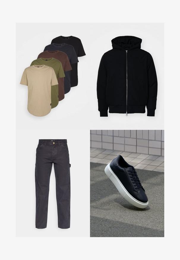 Čierna kapucňová bunda s predným zipsom, klokaními vreckami, rebrovanými manžetami a lemom, zobrazená na bielom pozadí.; Päť tričiek usporiadaných v gradientných farbách: béžová, olivová, hnedá, tmavomodrá a čierna. Vyrobené z mäkkej bavlny s krátkymi rukávmi a okrúhlym výstrihom.; Tmavošedé cargo nohavice vyrobené z odolného materiálu, s rovnými nohavicami, piatimi vreckami a gombíkovým zapínaním v páse.; Čierne kožené tenisky s okrúhlou špičkou a bielou gumovou podrážkou. Majú ploché šnúrky a minimálne šitie na vrchu. Textúrovaná podrážka pre lepšiu priľnavosť.
