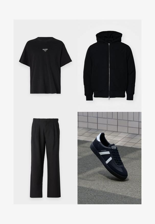 Mustaga kapuutsiga jakk, millel on esineed, kenguru tasku, soonikkoes, ja alläär, esitatud lihtsal valgel taustal.; Must mustärg t-särk laia lõikega, lühikeste varrukatega ja ümar kaelus. Esiküljel on valge teksti print "ESS.WRD." ja lihtne disain.; Jack & Jones JPSTBILL JJDAYTONA WIDE - Püksid - black; Must have musta sneaker musta valgete triipudega, tekstuurne kummitald ja nööridega esiosa. Omab bränditud märki keele peal.