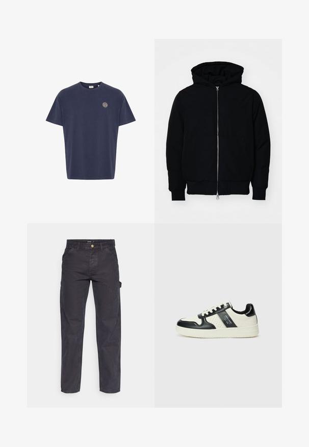 Zwarte hoodie met rits aan de voorkant, kangoeroe-pocket, geribbelde manchetten en zoom, weergegeven op een effen witte achtergrond.; Navyblauwe katoenen t-shirt, korte mouwen, ronde hals, met een klein zonembleem in goud op de linkerborst. Klassieke rechte snit.; Donkergrijze cargobroek van duurzaam materiaal, met een rechte pijp, vijf zakken en een knoopsluiting in de taille.; Leren sneakers met een zwart en crèmekleurig kleurenschema, voorzien van geperforeerde accenten, een gevoerde kraag en een gestructureerde buitenzool.