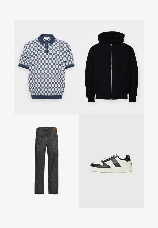 Sort hættejakke med frontlynlås, kængurulomme, ribbede manchetter og kant, præsenteret på en ensfarvet hvid baggrund.; Mønstret polo t-shirt i marineblå og hvid, med korte ærmer, ribbet krave og knaplukning. Strikket tekstur med skiftende firkanter.; Sorte denimjeans med lige ben-design, fem lomme-stil og et brunt lædermærke ved taljen. Tekstureret stof med syningerdetaljer.; Lædersneakers i sort og creme farveskema, med perforerede detaljer, en polstret krave og en struktureret ydersål.