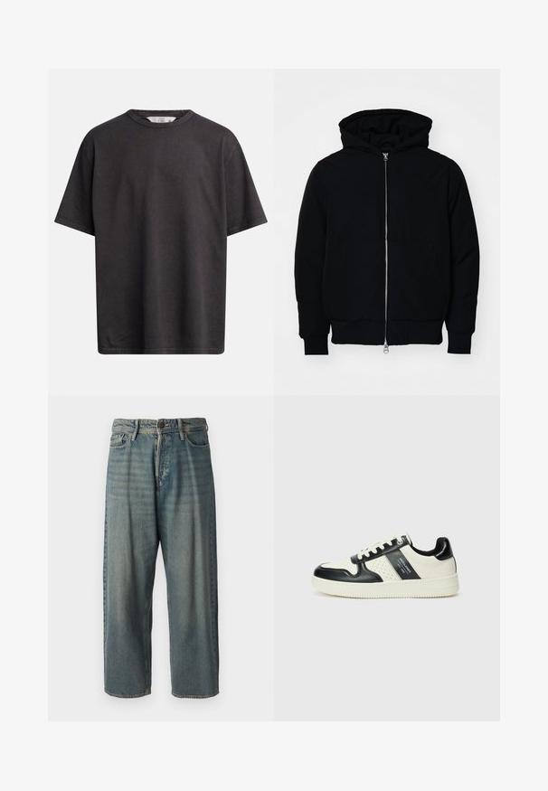 Black hooded jacket with front zipper, kangaroo pocket, ribbed cuffs, and hem, displayed on a plain white background.; Dark gray cotton t-shirt featuring a round neckline, short sleeves, and a relaxed fit with visible stitching details.; Light blue denim jeans with a loose fit, mid-rise waist, and straight legs. Features five pockets, belt loops, and a button closure.; Leather sneakers with a black and cream color scheme, featuring perforated accents, a padded collar, and a textured outsole.