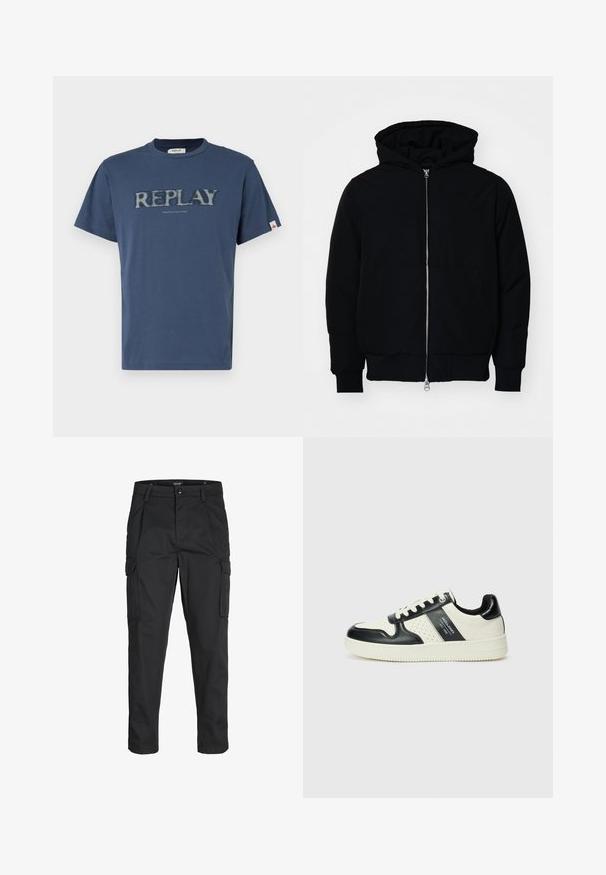 Chaqueta negra con capucha, cierre frontal, bolsillo tipo canguro, y puños y dobladillo acanalados, exhibida sobre un fondo blanco liso.; Camiseta de algodón azul marino con cuello redondo, que presenta un logo desgastado de "REPLAY" y el texto "NINETEEN EIGHTY-ONE" en la parte delantera.; Pantalones cargo negros hechos de tela resistente, que cuentan con múltiples bolsillos, un cierre de botón y un diseño de corte slim con piernas ajustadas.; Zapatillas de cuero con un esquema de colores negro y crema, que cuentan con acentos perforados, un collar acolchado y una suela texturizada.