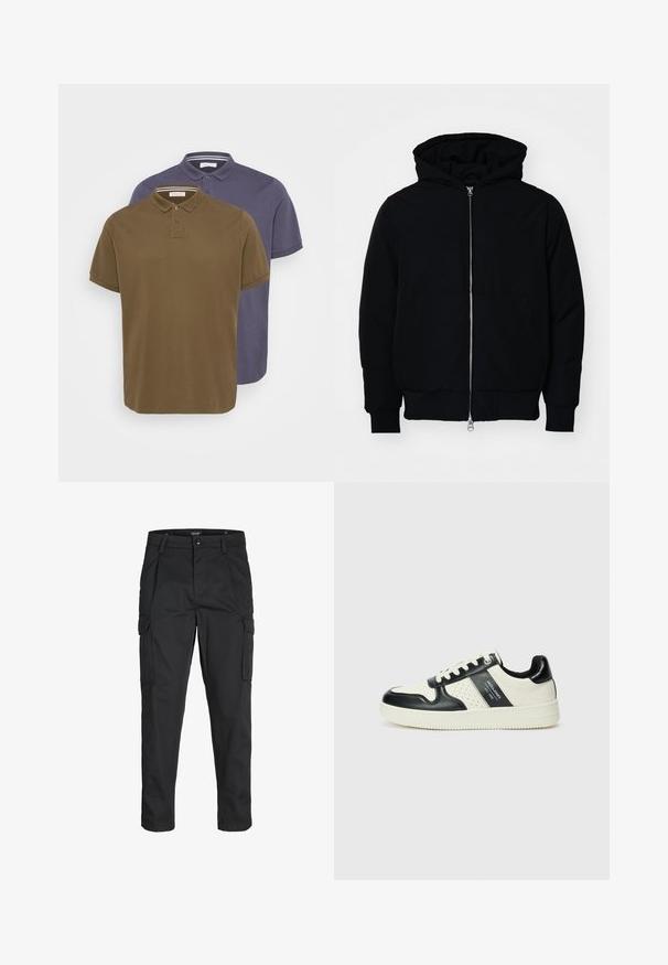 Schwarze Kapuzenjacke mit Frontreißverschluss, Kängurutasche, gerippten Bündchen und Saum, auf einem schlichten weißen Hintergrund präsentiert.; Zwei Poloshirts in olivgrün und marineblau. Kurze Ärmel, klassischer Kragen, Knopfleiste mit drei Knöpfen. Glattes Baumwollgewebe.; Schwarze Cargo-Hose aus robustem Material, mit mehreren Taschen, einem Knopfverschluss und einem Slim-Fit-Design mit schmal zulaufenden Beinen.; Leder-Sneaker in Schwarz- und Cremetönen, mit perforierten Akzenten, einem gepolsterten Kragen und einer strukturierten Laufsohle.