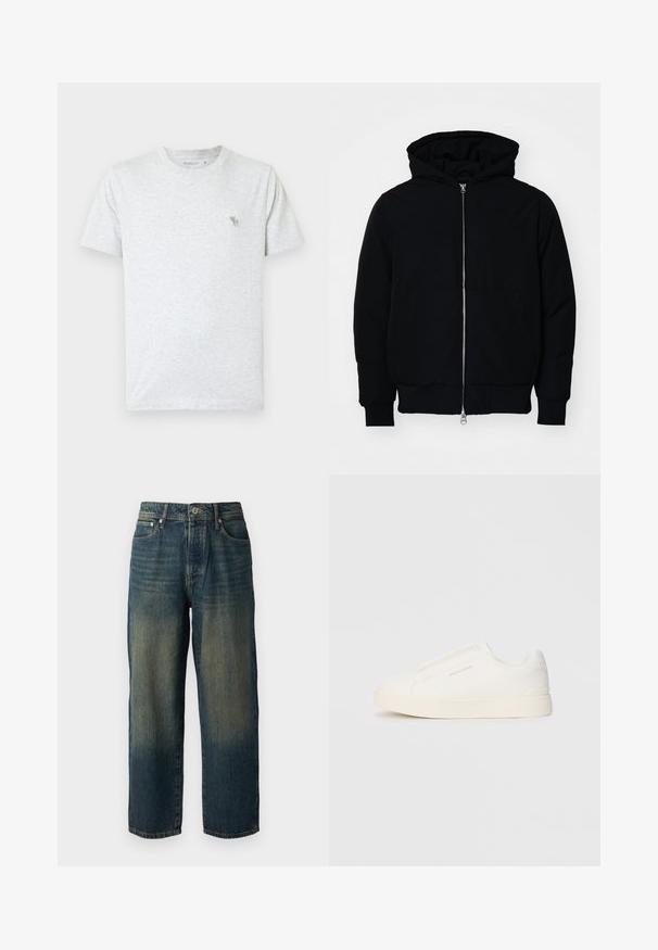 Schwarze Kapuzenjacke mit Frontreißverschluss, Kängurutasche, gerippten Bündchen und Saum, auf einem schlichten weißen Hintergrund präsentiert.; Helles graues T-Shirt aus weicher Baumwolle, mit Rundhalsausschnitt und kurzen Ärmeln. Kleines grünes Tierlogo auf der oberen linken Brust.; Blaue Denim-Jeans mit geradem Schnitt, die ein ausgewaschenes Design mit helleren Farbtönen zum Saum hin aufweisen, fünf Taschen und einen Knopfverschluss haben.; Weiße Slip-On-Sneaker mit einer strukturierten Oberfläche, dicker Sohle und minimalistischem Design. Mit Logo der Marke an der Seite.