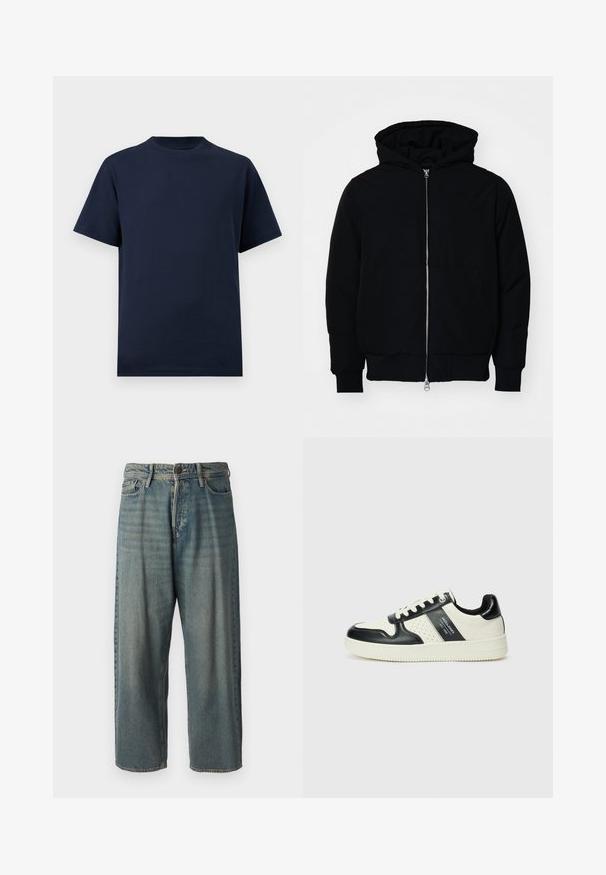Μαύρο φούτερ με κουκούλα, με μπροστινό φερμουάρ, τσέπη καγκουρό, ραμμένα μανίκια και στρίφωμα, που προβάλλεται σε λευκό φόντο.; Ναυτικό μπλε βαμβακερό T-shirt με στρογγυλή λαιμόκοψη, κοντά μανίκια και ίσιο στρίφωμα, διαθέτοντας λεία υφή χωρίς ορατά σχέδια ή λεπτομέρειες.; Ανοιχτό μπλε τζιν παντελόνι με χαλαρή γραμμή, μέση μέσου ύψους και ευθείες γραμμές. Περιλαμβάνει πέντε τσέπες, θηλιές ζώνης και κούμπωμα με κουμπί.; Δερμάτινα sneakers με μαύρο και κρεμ χρωματικό σχέδιο, με διάτρητες λεπτομέρειες, επενδεδυμένο κολάρο και υφή στη σόλα.