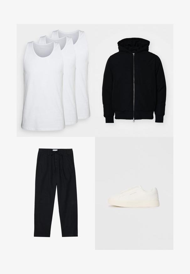 Schwarze Kapuzenjacke mit Frontreißverschluss, Kängurutasche, gerippten Bündchen und Saum, auf einem schlichten weißen Hintergrund präsentiert.; Drei weiss Tanktops aus Baumwolle, mit rundem Halsausschnitt und ärmellosem Design, glatter Textur und normaler Passform.; Pier One Chino - black; Weiße Slip-On-Sneaker mit einer strukturierten Oberfläche, dicker Sohle und minimalistischem Design. Mit Logo der Marke an der Seite.