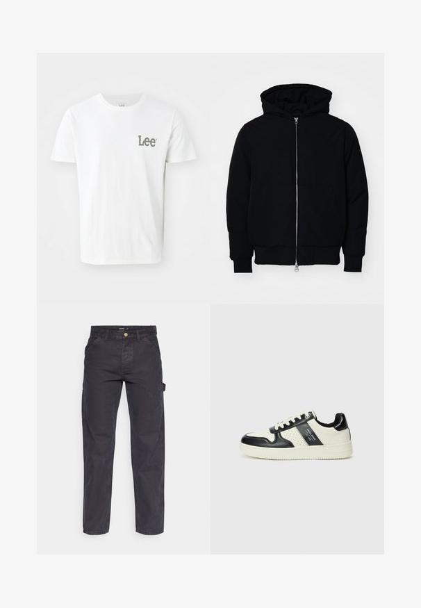 Black hooded jacket with front zipper, kangaroo pocket, ribbed cuffs, and hem, displayed on a plain white background.; White cotton T-shirt featuring a small green "Lee" logo on the left chest area. Classic crew neck and short sleeves, smooth texture.; Dark gray cargo pants made of durable fabric, featuring a straight-leg cut, five pockets, and a button closure at the waist.; Leather sneakers with a black and cream color scheme, featuring perforated accents, a padded collar, and a textured outsole.