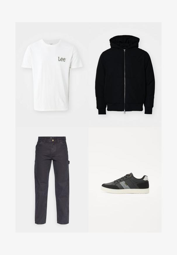 Czarna kurtka z kapturem, z suwakiem z przodu, kieszenią kangurką, ściągaczami przy mankietach i dolnym brzegu, prezentowana na jednolitym białym tle.; Biała bawełniana koszulka z małym zielonym logo "Lee" na lewej piersi. Klasyczny okrągły dekolt i krótkie rękawy, gładka faktura.; Ciemnoszare spodnie cargo wykonane z trwałej tkaniny, z prostymi nogawkami, pięcioma kieszeniami i zapięciem na guzik w talii.; Czarno-szare niskie sneakersy z białą podeszwą, sznurówkami i logo "Lee" na bocznej panelu na białym tle.