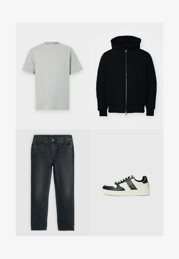 Black hooded jacket with front zipper, kangaroo pocket, ribbed cuffs, and hem, displayed on a plain white background.; Gray cotton T-shirt with a crew neckline, short sleeves, and a relaxed fit. Smooth texture with no visible patterns or accents.; Dark blue denim jeans with a straight-leg cut, featuring five pockets, a zip fly, and contrasting stitching. Subtle fading on the fabric.; Leather sneakers with a black and cream color scheme, featuring perforated accents, a padded collar, and a textured outsole.