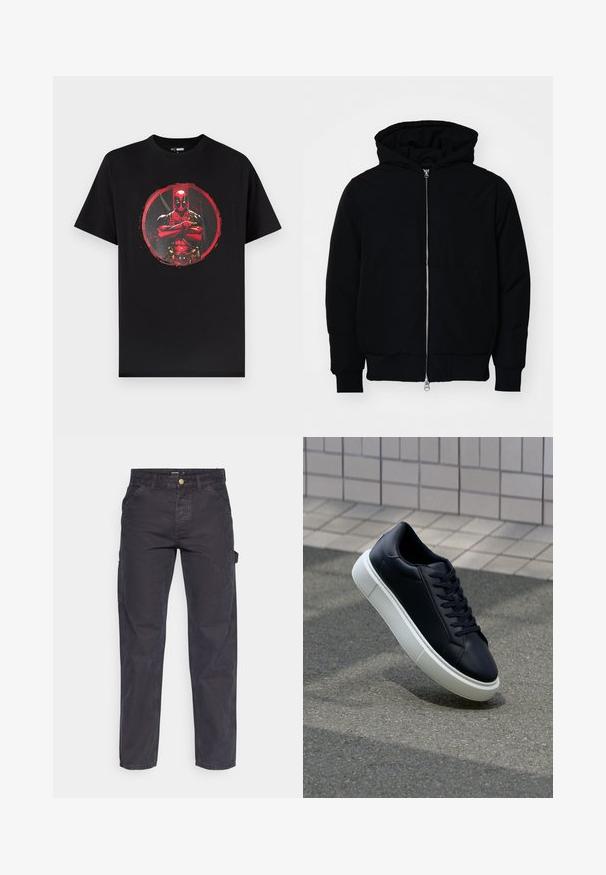 Melna kapucēta jaka ar priekšējo rāvējslēdzēju, kenguru kabatu, ribinātām aprocēm un apakšmalu, parādīta uz vienkārša balta fona.; Melna kokvilnas T-krekls ar grafisku attēlu, kurā sarkani un melni nokrāsots maskēts tēls, centrēts sarkanā apļa akcentā.; Tumši pelēki kravas bikses, kas izgatavotas no izturīga auduma, ar taisnu piegriezumu, piecām kabatām un pogu aizdari viduklī.; Melnas ādas kedas ar noapaļotu pirkstu un baltu gumijas zoli. Iespējas - plakanas šņorītes un minimāla apdare augšdaļā. Struktūrēta zole, lai nodrošinātu saķeri.