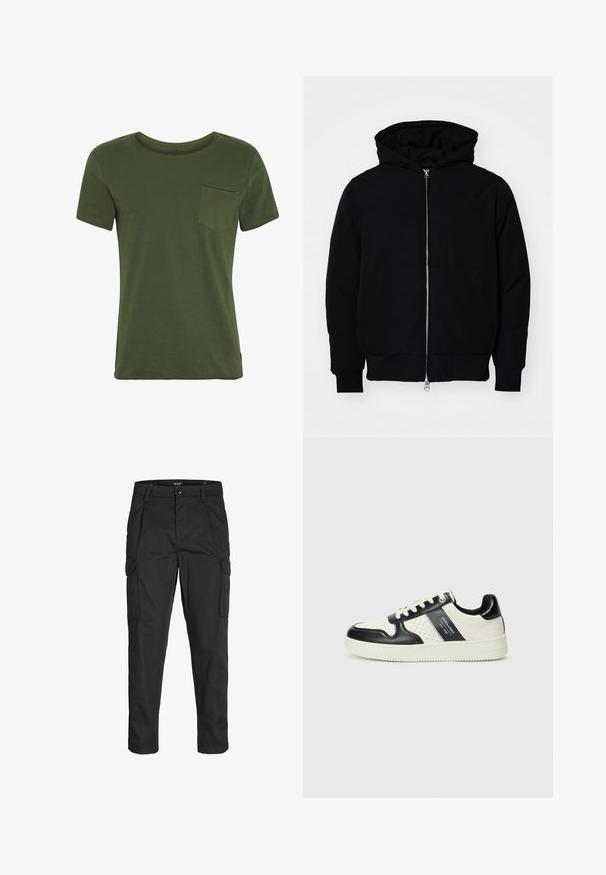 Mustat huppu-untuvatakki, jossa on vetoketju edessä, kenguru-tasku, ribatut hihansuut ja helma, esillä yksinkertaisella valkoisella taustalla.; Vihreä puuvillapaita lyhyillä hihoilla, pyöreällä kauluksella ja rintataskulla. Ominaisuuksiin kuuluu minimaalinen ompelu ja sileä, pehmeä rakenne.; Mustat cargo-housut, jotka on valmistettu kestävästä kankaasta. Housuissa on useita taskuja, nappisulku ja kapea istuvuus, jossa on kapenevat lahkeet.; Nahkakengät musta-kerma värimaailmassa, joissa on rei'itetyt yksityiskohdat, pehmustettu nilkkaosa ja teksturoitu pohja.